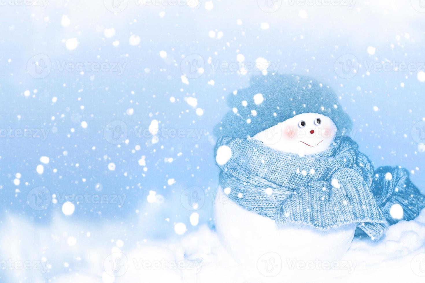 happy snowman. Winter landscape. Merry christmas and happy new year greeting card photo