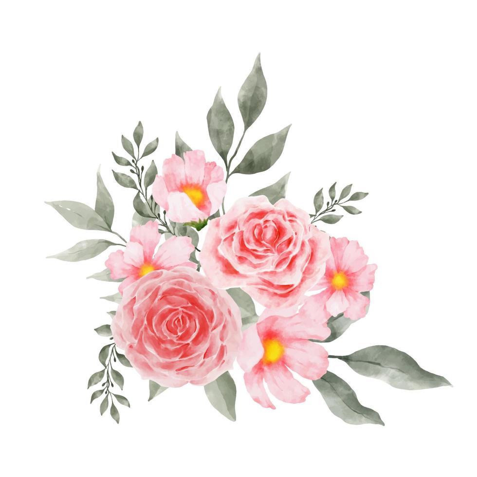 Pink and Red Rose Flowers Watercolor vector isolated on white background. Vintage Flowers and Leaves graphic for wedding, invitation card. Floral illustration