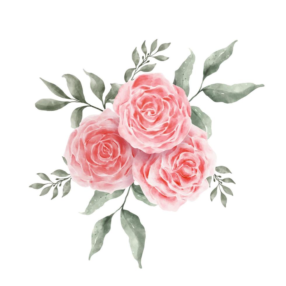 Pink and Red Rose Flowers Watercolor vector isolated on white background. Vintage Flowers and Leaves graphic for wedding, invitation card. Floral illustration