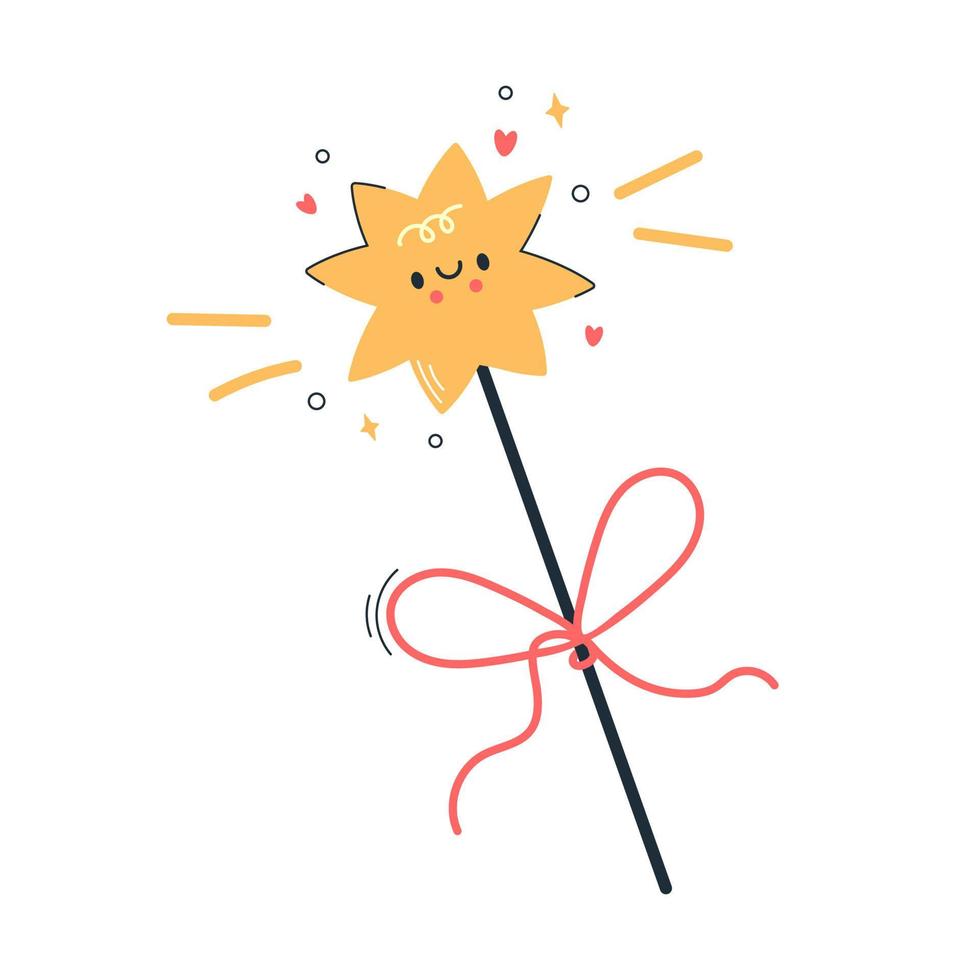 Magic wand. Gold star tip with cute kawaii face. There is a pink bow on the stick. Image for children's illustrations, stickers, posters. vector