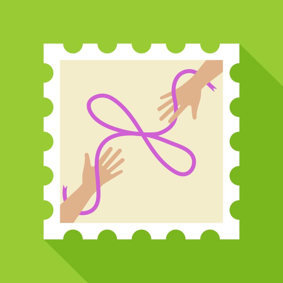 sello postal que representa las manos atadas con una cinta morada en forma de infinito. imagen vectorial aislada en un fondo verde. elemento de diseño o póster vectorial. vector