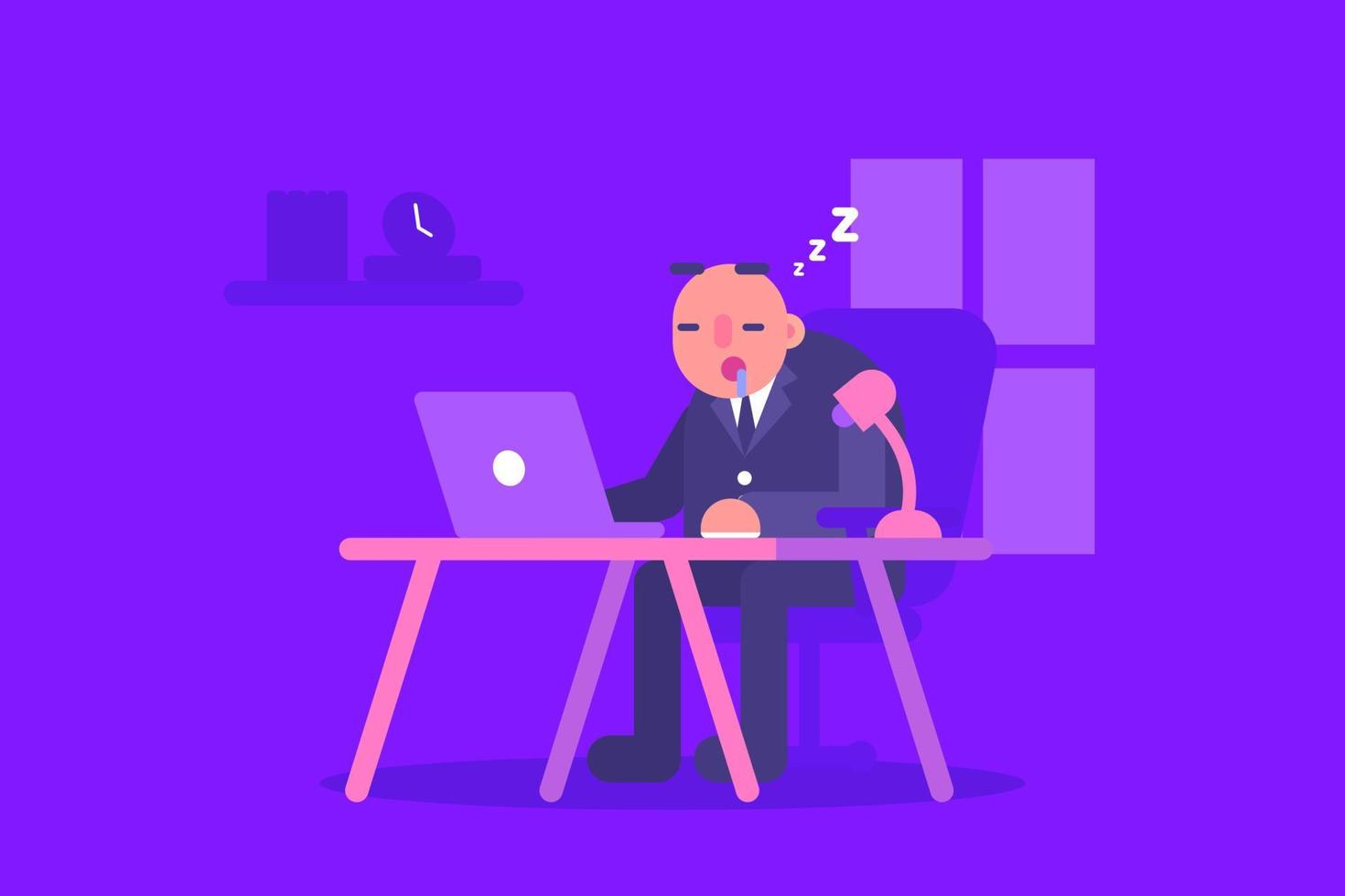 Sleepy Bald Businessman Working at Night. Business Vector Illustration