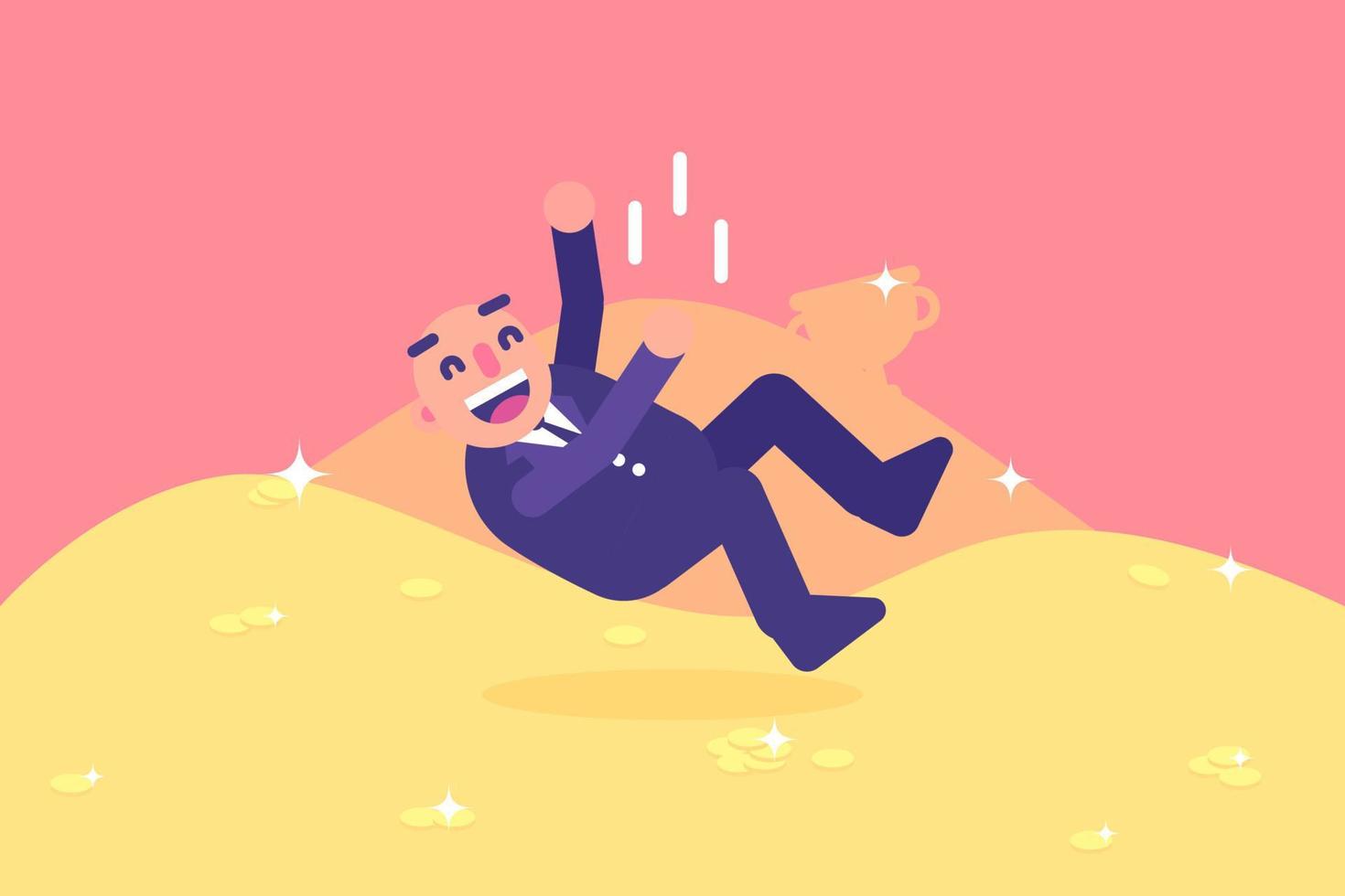 Bald Businessman Falling onto Gold Pile. Business Flat Design Vector Illustration