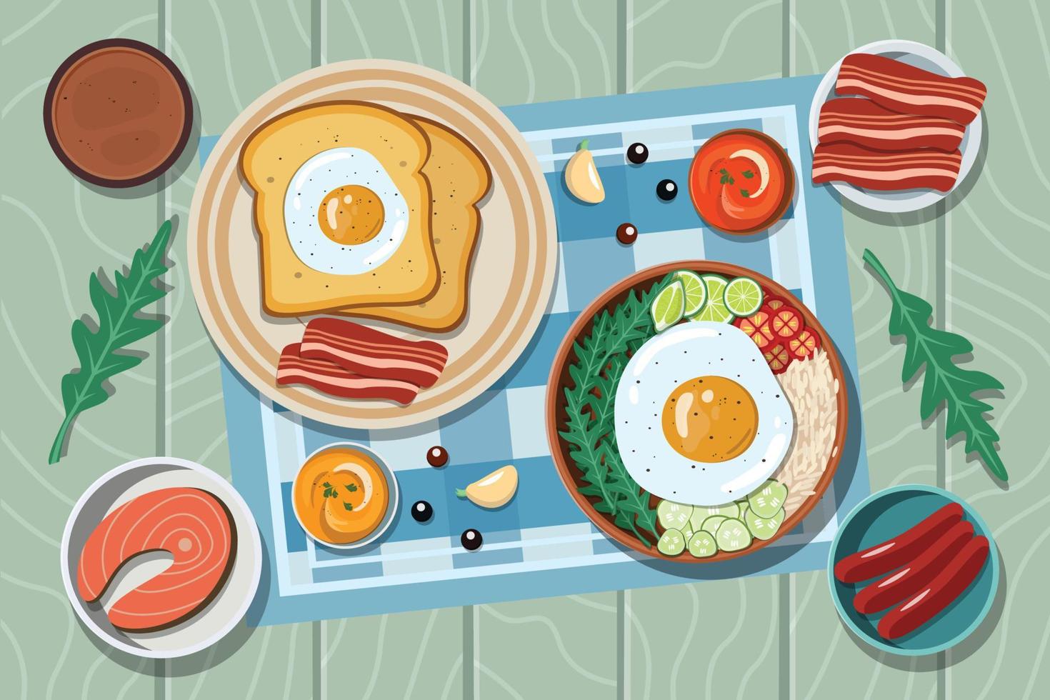 ilustración de platos de desayuno y almuerzo vector