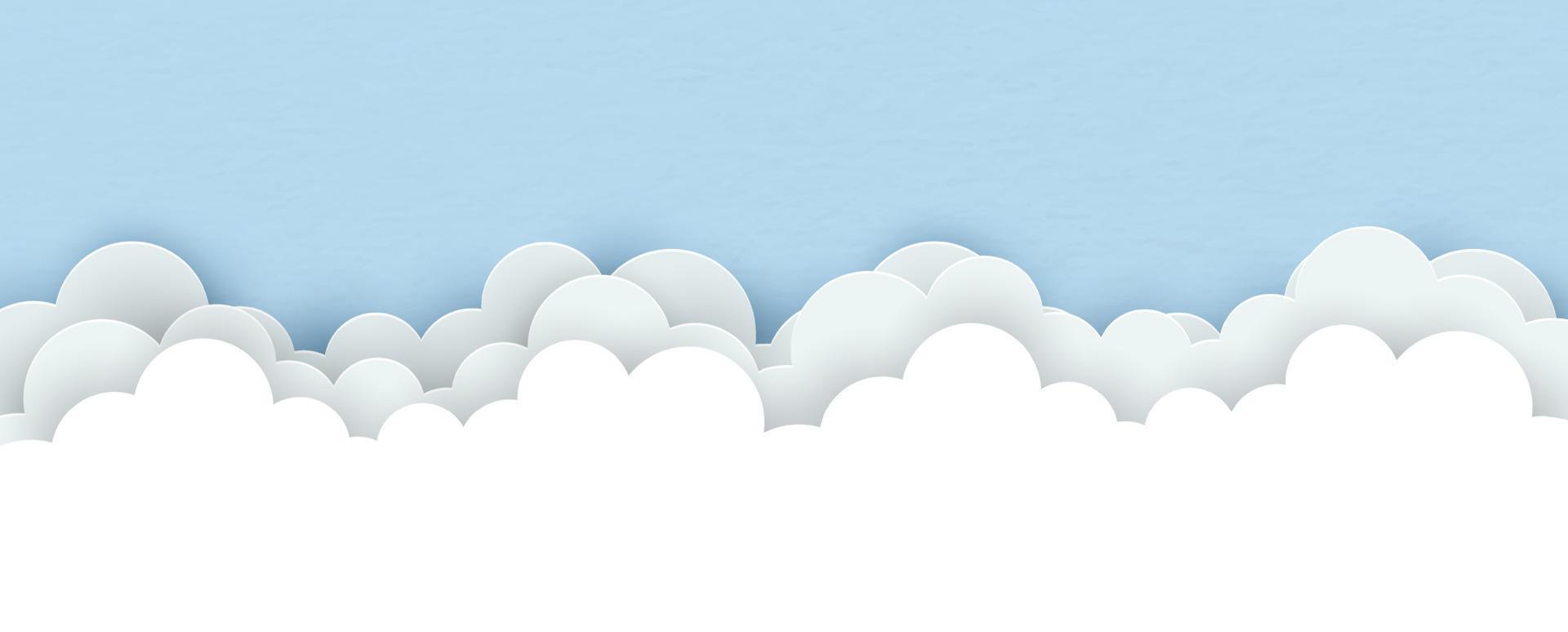 Cloudscape in paper cut style on blue paper pattern background with space for texts. vector