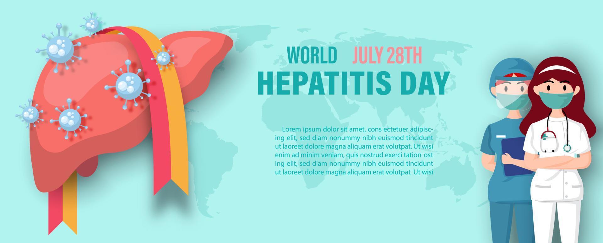 hígado humano con símbolos de virus, cinta de campaña, redacción del día mundial de la hepatitis y médico en caricatura en el mapa mundial y fondo verde claro. vector