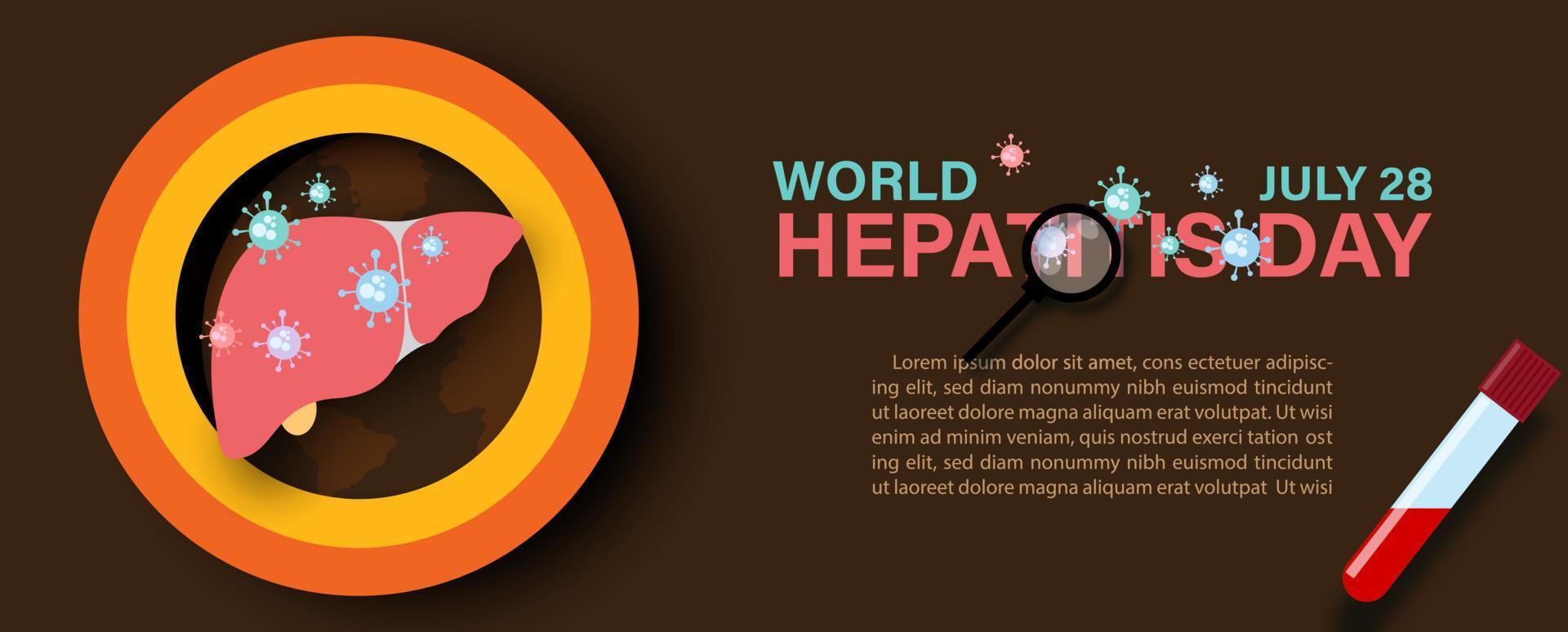 redacción de la pancarta del día mundial de la hepatitis con un hígado humano y símbolo de virus, textos de ejemplo en una cinta de campaña circular en el mapa mundial y fondo marrón. vector