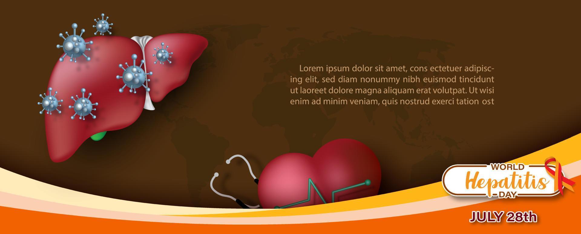 Wording of World Hepatitis Day banner with a human liver and symbol of virus, example texts in a campaign ribbon on world map and brown background. vector