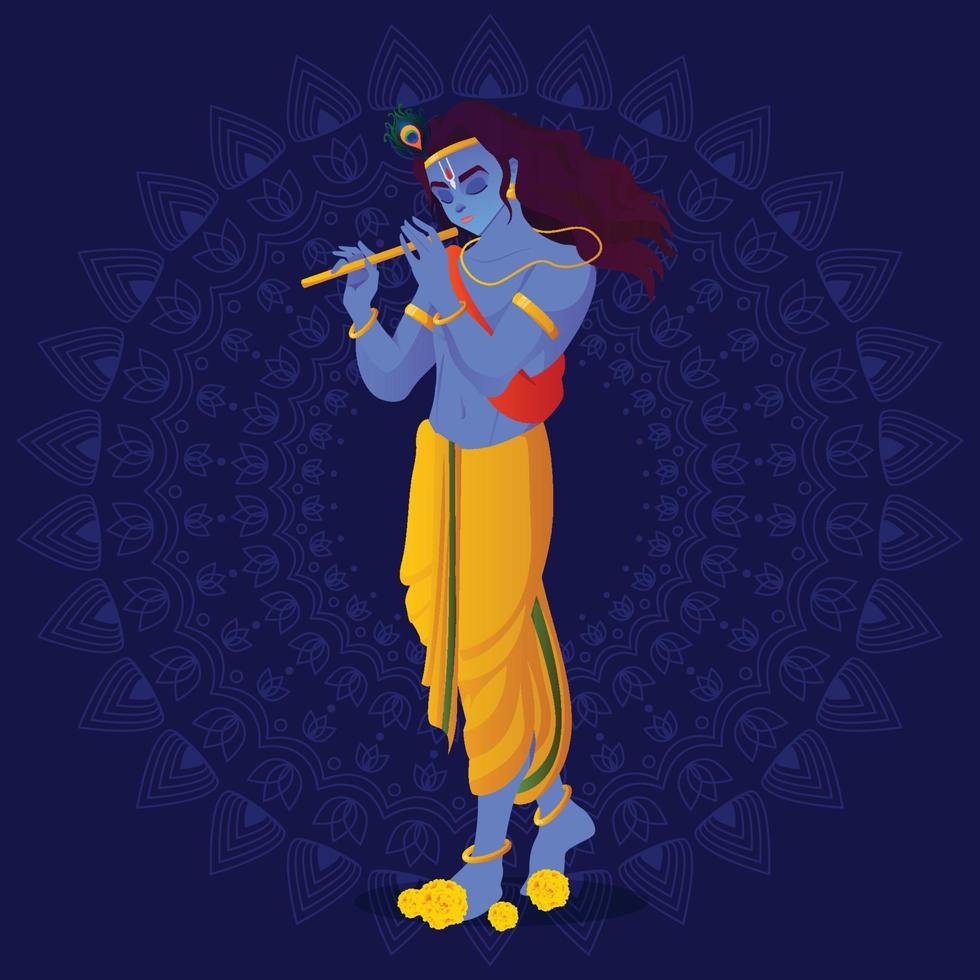 lord krishna en el feliz fondo de la tarjeta del festival janmashtami vector