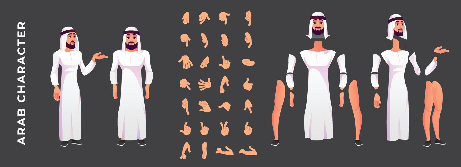 Arab man body parts and different hand gesture set vector