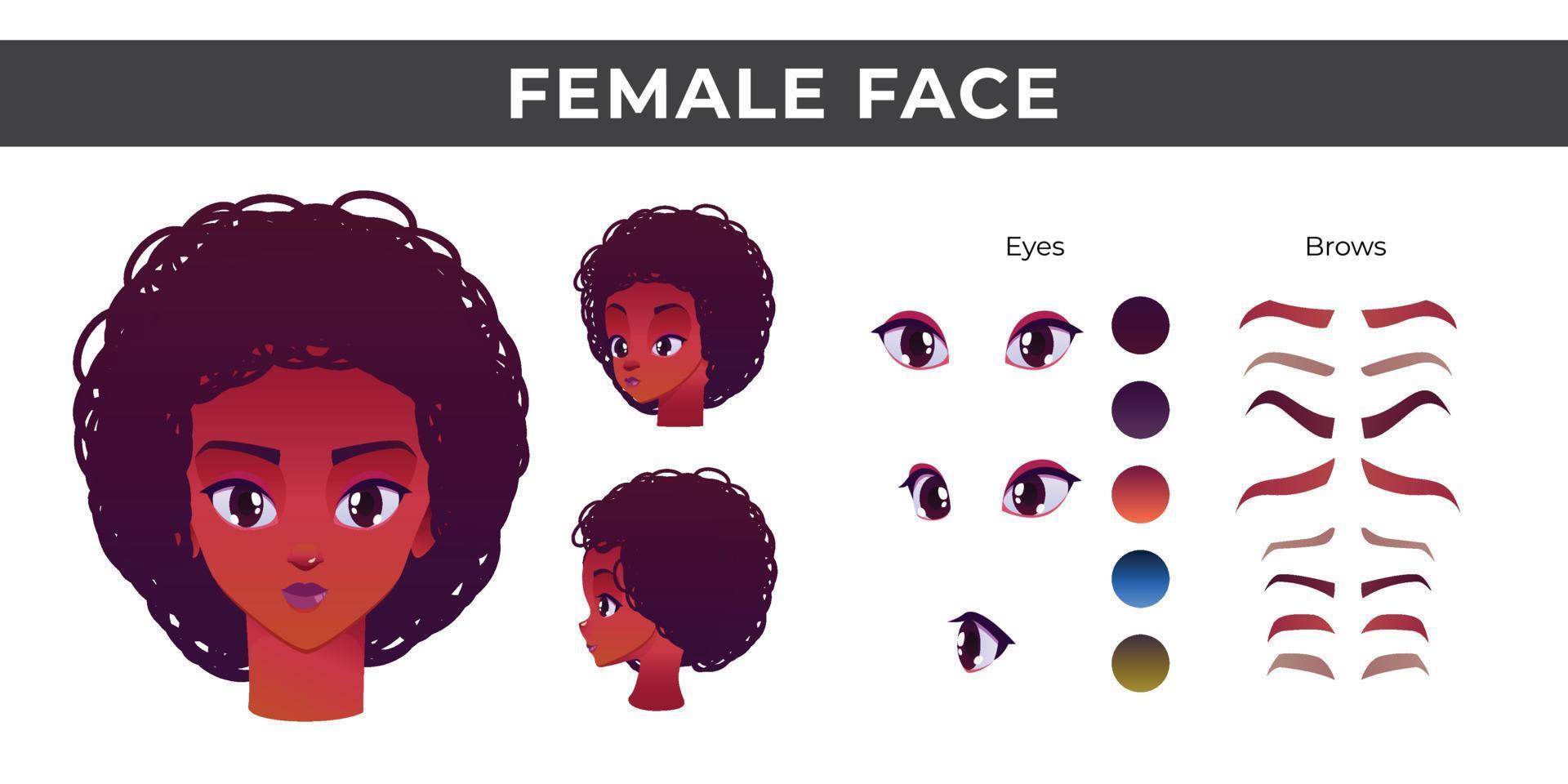 Woman face constructor, an avatar of African American female character creation dark skinheads, hairstyle,  eyes with eyebrows. vector