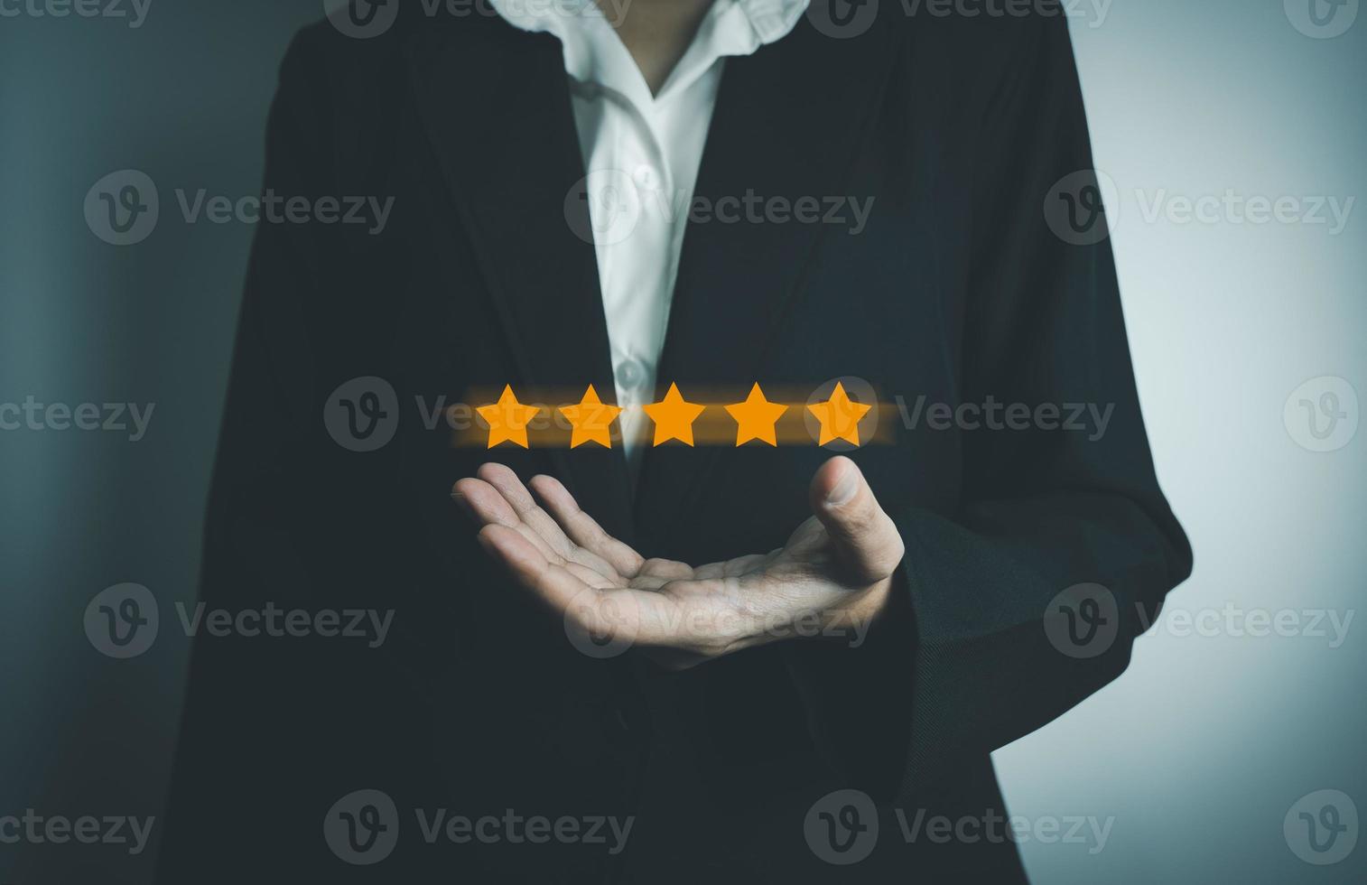 Businesswoman rate satisfaction 5 stars, Excellent quality assurance, certification the best service, guarantee standard company service. ISO certification, satisfaction of customer photo