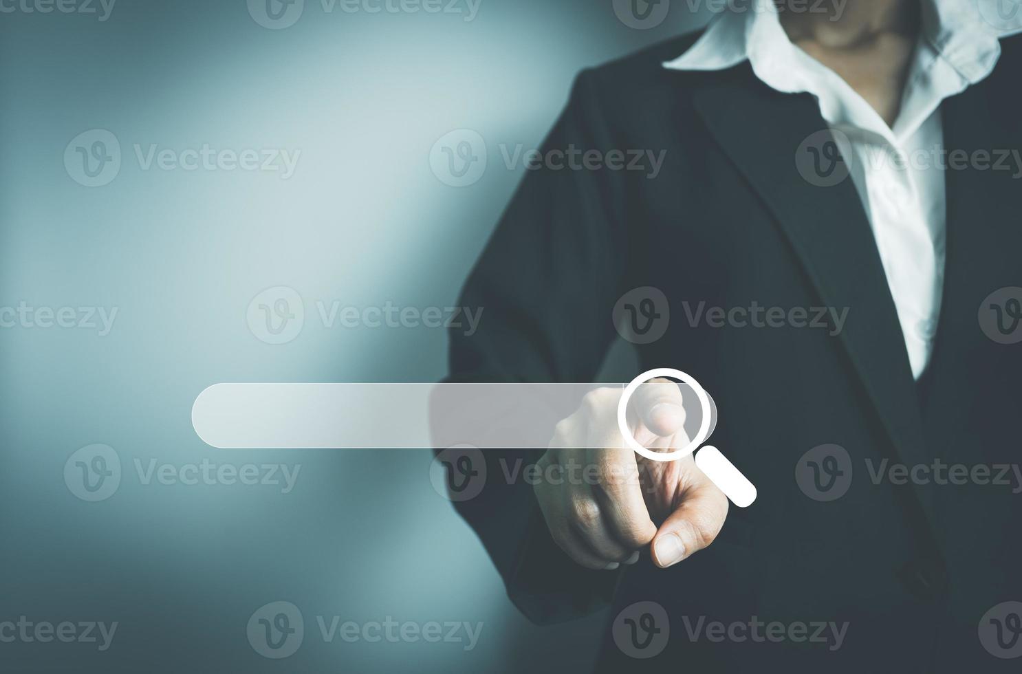 Search Engine optimization SEO concept, Businesswoman search for information on Internet, Using the search bar, Wireless Network, big data and accessing website information. photo