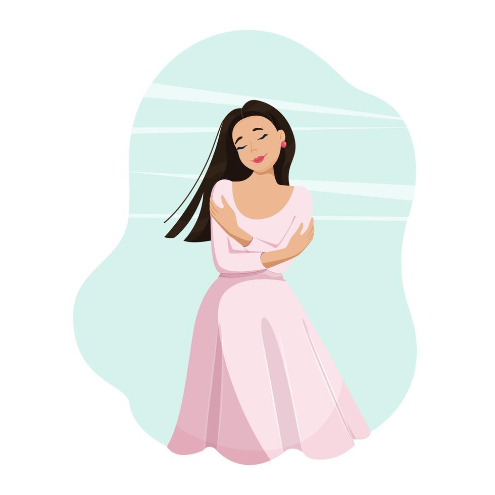 Love yourself concept. The girl hugs herself by the shoulders. A woman loves her body and takes care of herself. Vector flat illustration