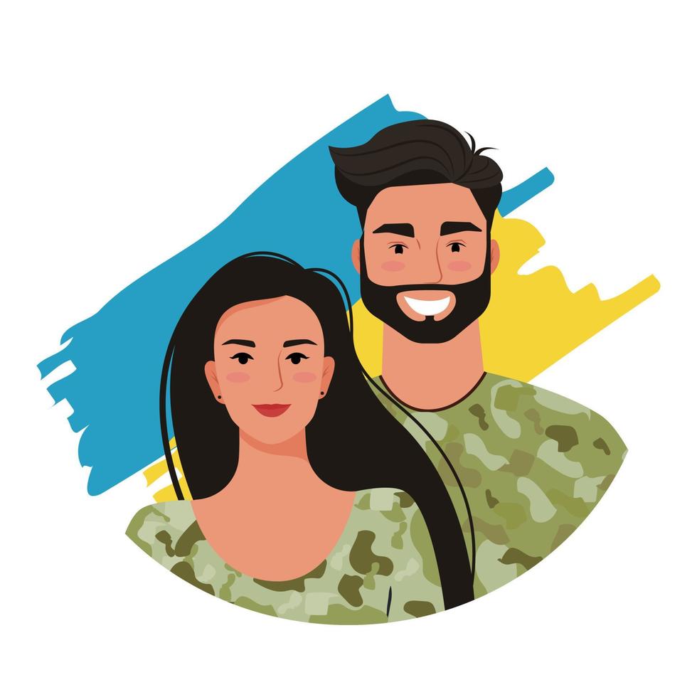 A young couple of Ukrainian soldiers. Portrait of a woman and a man in military clothes. Vector illustration