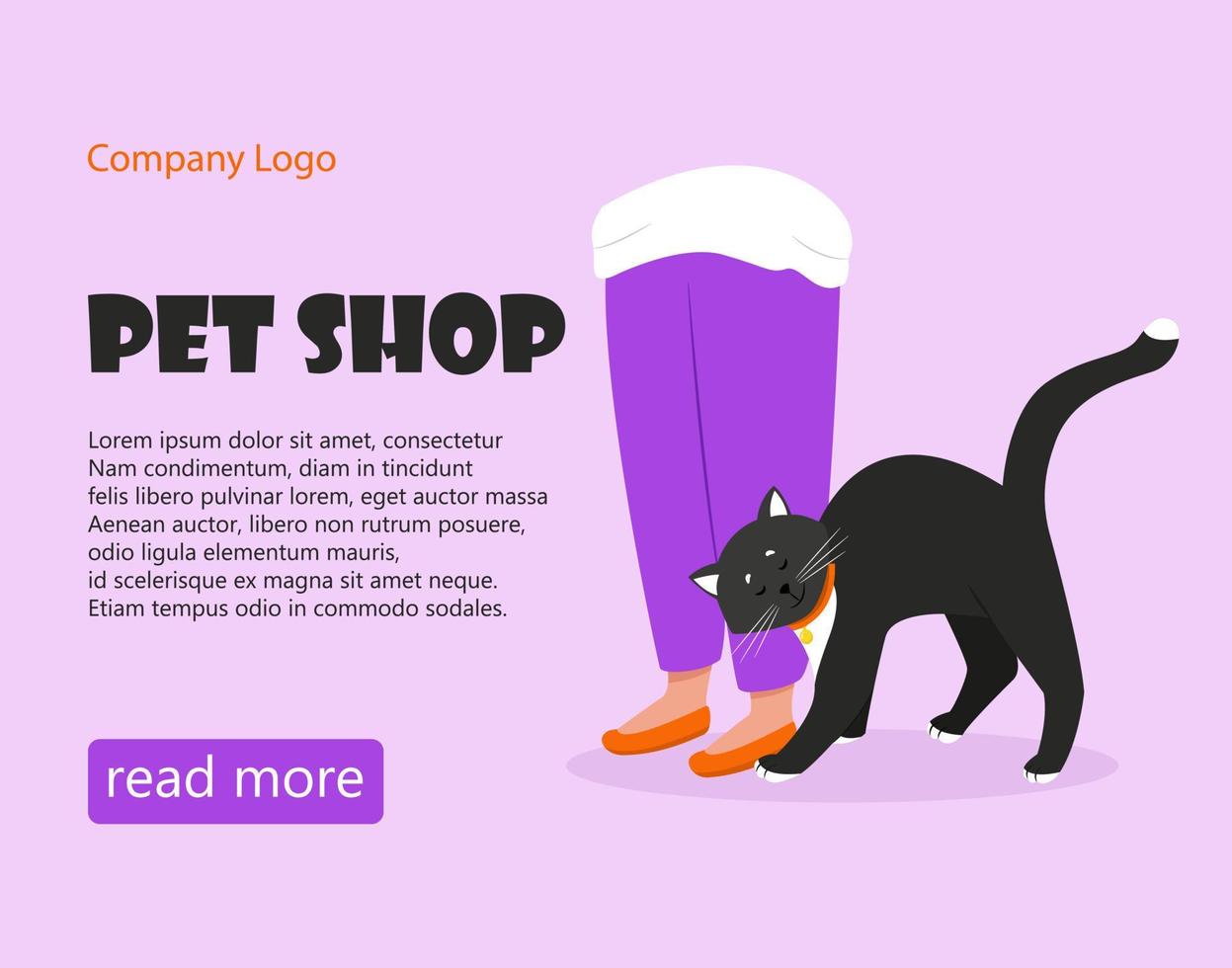 Pet shop banner. Black cat with a collar. Vector illustration in flat style