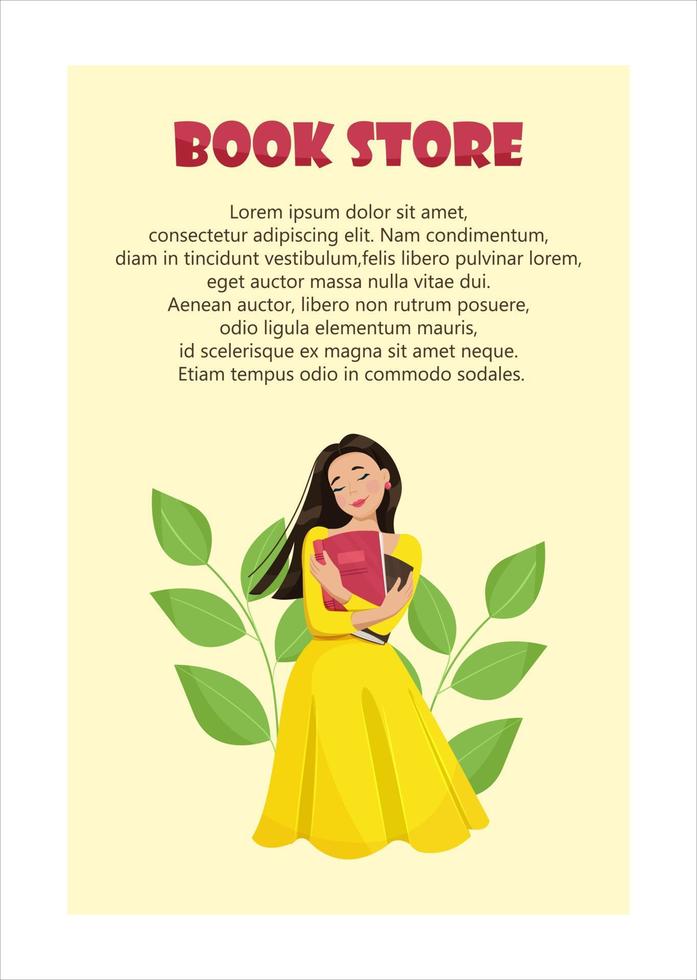 Happy girl holding books in hands banners for bookstore. Read books concept. Vector illustration in flat style