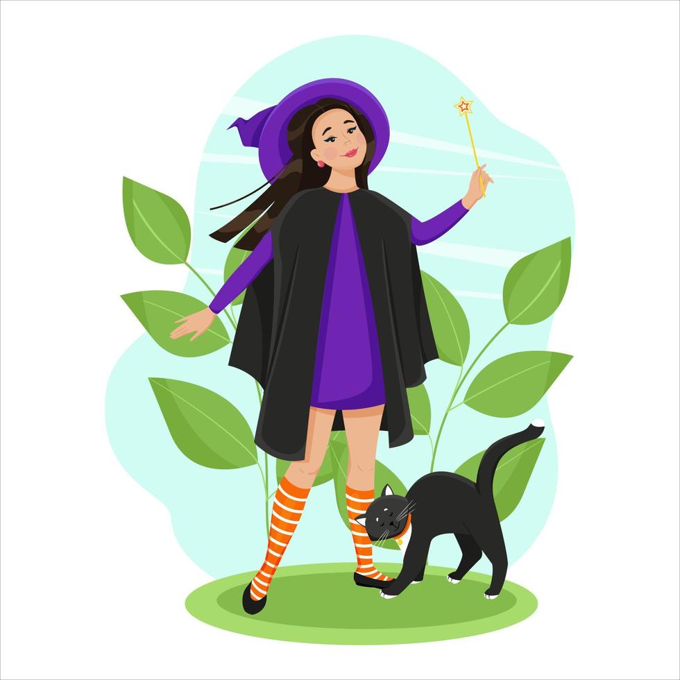 una bruja linda con una túnica y un sombrero grande con una varita mágica en la mano, un gato negro a sus pies. ilustración vectorial en estilo plano vector