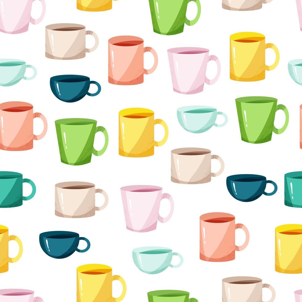 Porcelain mugs seamless print. A set of tea cups. Vector illustration in cartoon flat style