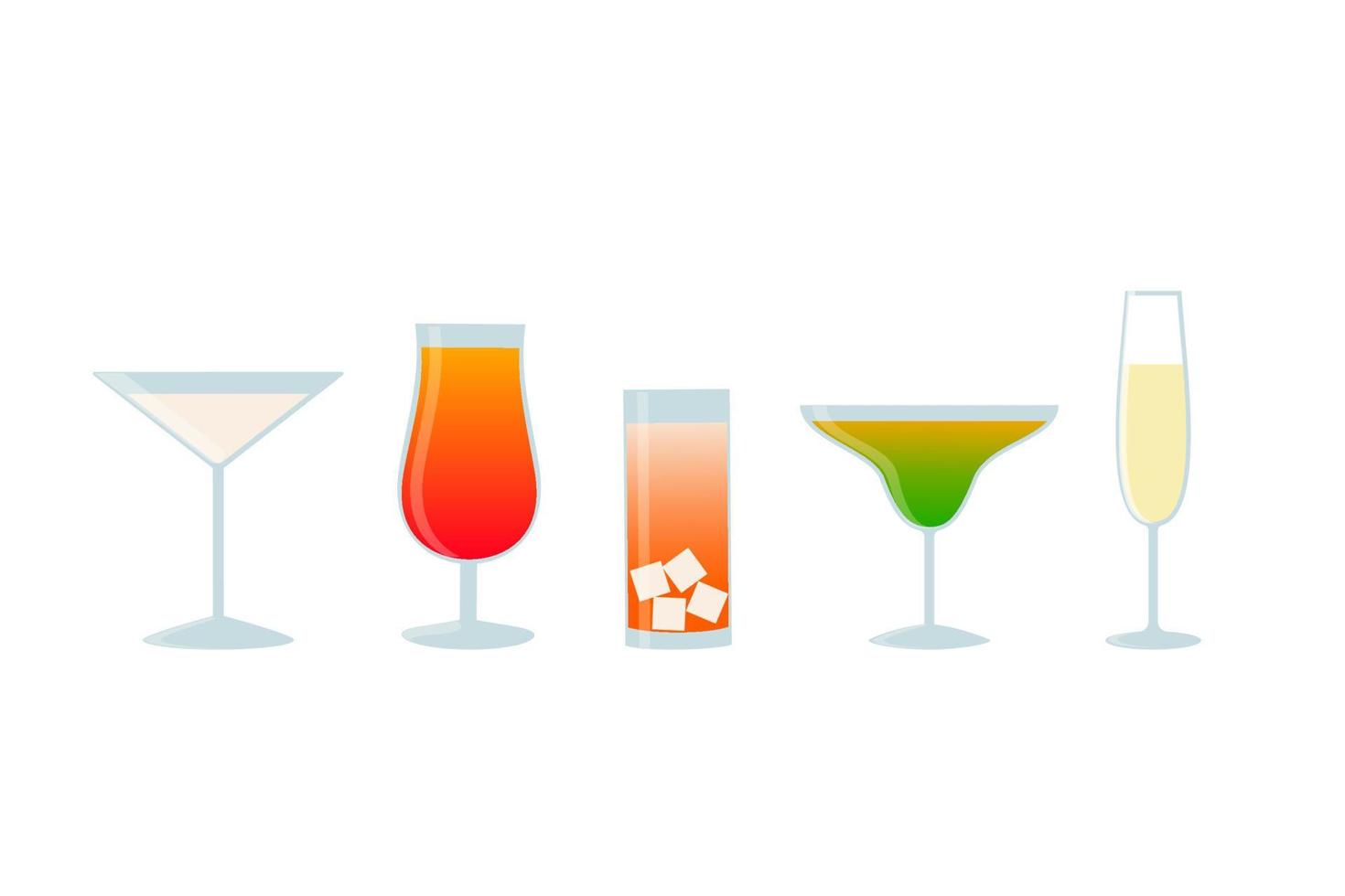 Set of tropical cocktails, juice and champagne glass. Collection of alcohol drinks isolated on white background vector