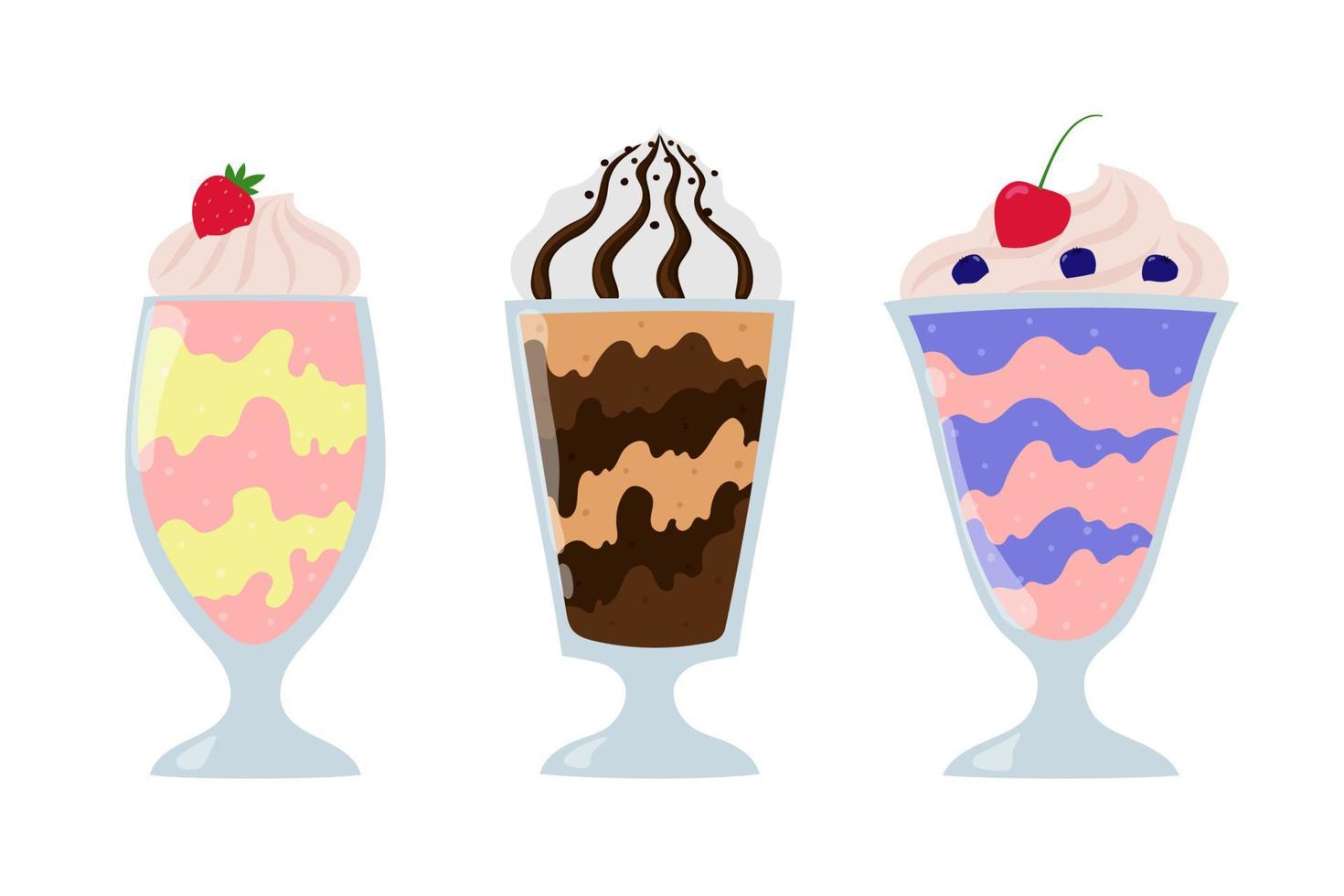 Milkshake collection. Cherry and bilberry, strawberry and banana, chocolate milkshake. Cartoon summer desserts with cream. vector