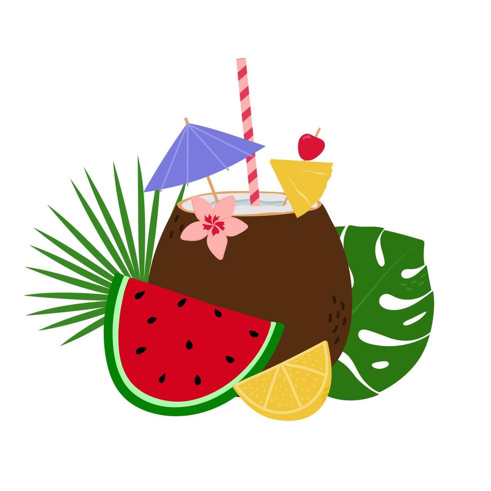 Coconut cocktail with straw, umbrella, fuit and tropical leaves. Summer design for card, poster, banner and print. vector