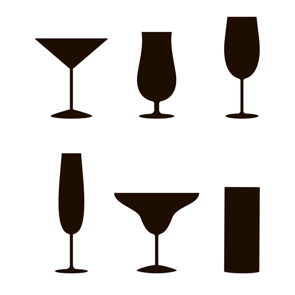 Black silhouettes set of glasses for wine, cocktail, martini and champagne. Alcohol drink. vector