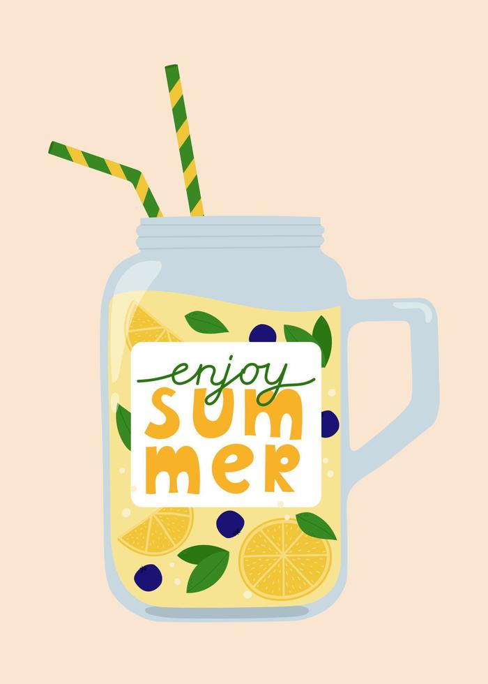 Enjoy summer card. Lemonade in glass with straws. Template for greeting card, poster, banner. vector
