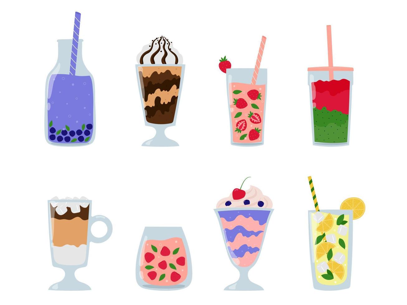 Summer drinks collection. Fruit or berry beverages in glass, bottle or jug. Cartoon juice and lemonade, milkshakes, iced latte. vector