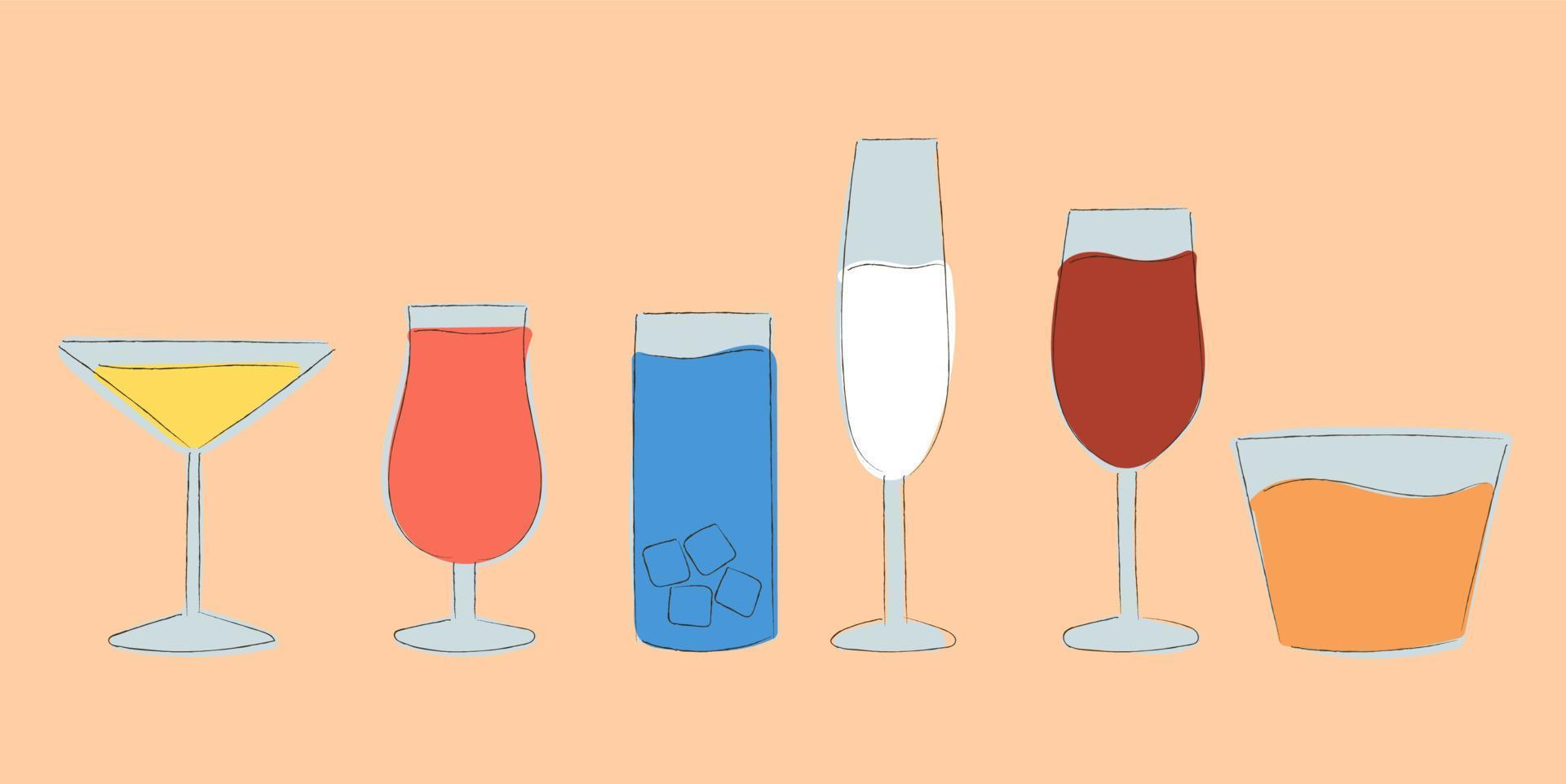 Summer cocktails collection. Hand drawn contour illustration. Cocktails set on pink background vector