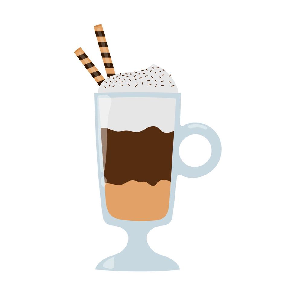 Glass irish mug of latte with whipped cream and waffle. Hand drawn illustration in cartoon flat style vector
