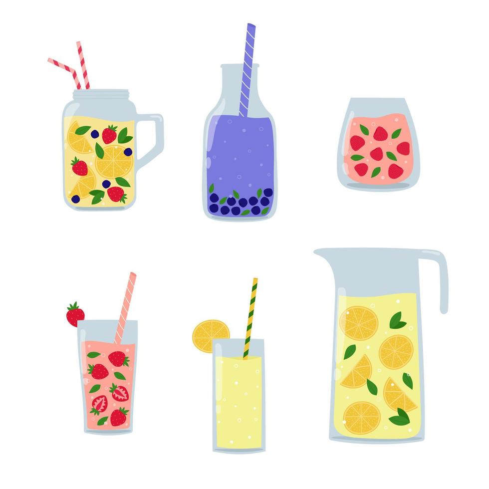 Set of summer drinks. Fruit or berry beverages in glass, bottle or jug. Cartoon juice and lemonade vector
