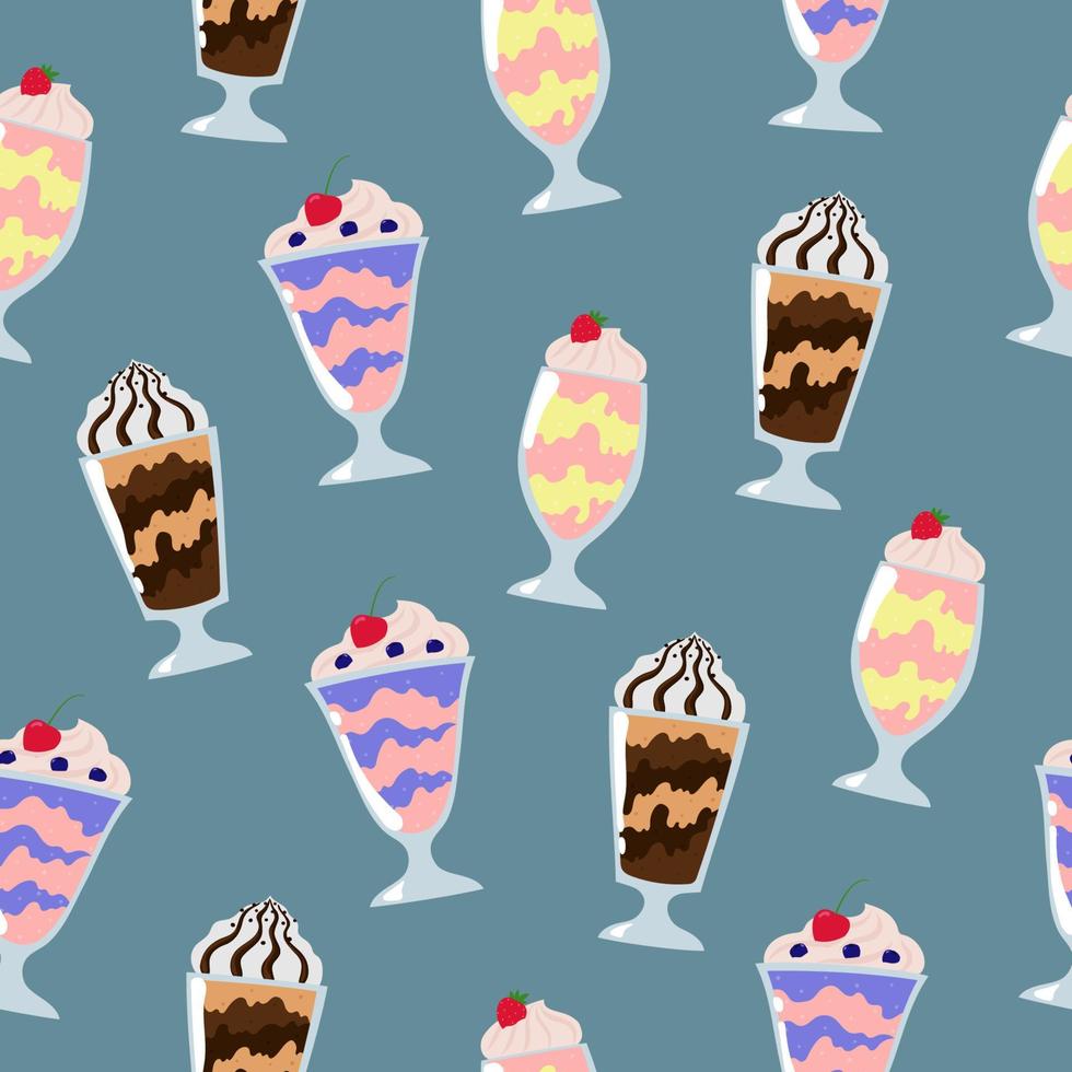 Milkshakes seamless pattern. Cartoon summer desserts with cream on blue background. vector