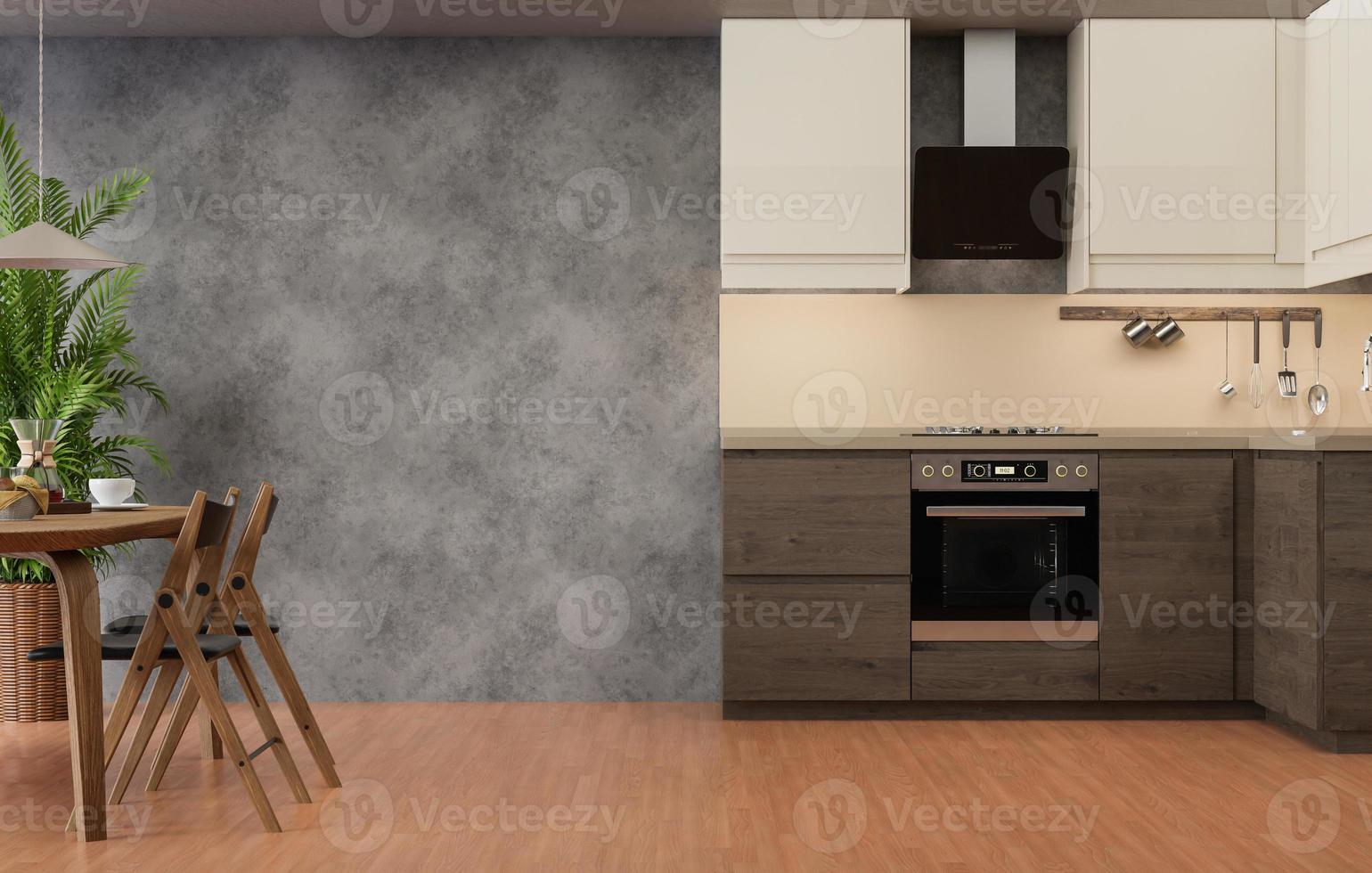 Mockup wall with armchair in cooking room with a - wall   wall. copy space. 3D rendering. photo