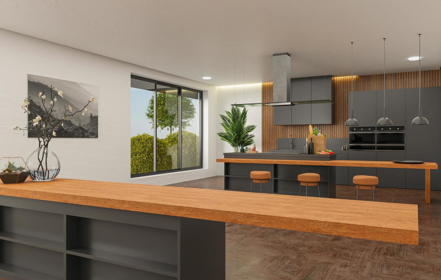 cooking room with a dinning table - wall. 3D rendering. photo