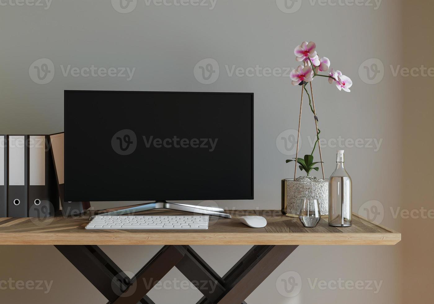 Mockup wall with table in living room with a white wall  modern living room with monitor. scandinavian interior design furniture  table and plants with white wall. copy space. 3D rendering. photo