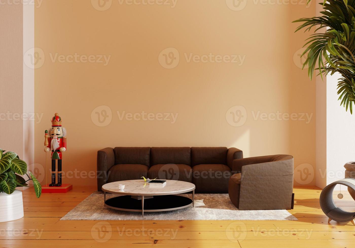 minimal interior style poster Mock up the living room wall in white with modern sofa and decorations in the living room.  copy space. 3D rendering. photo