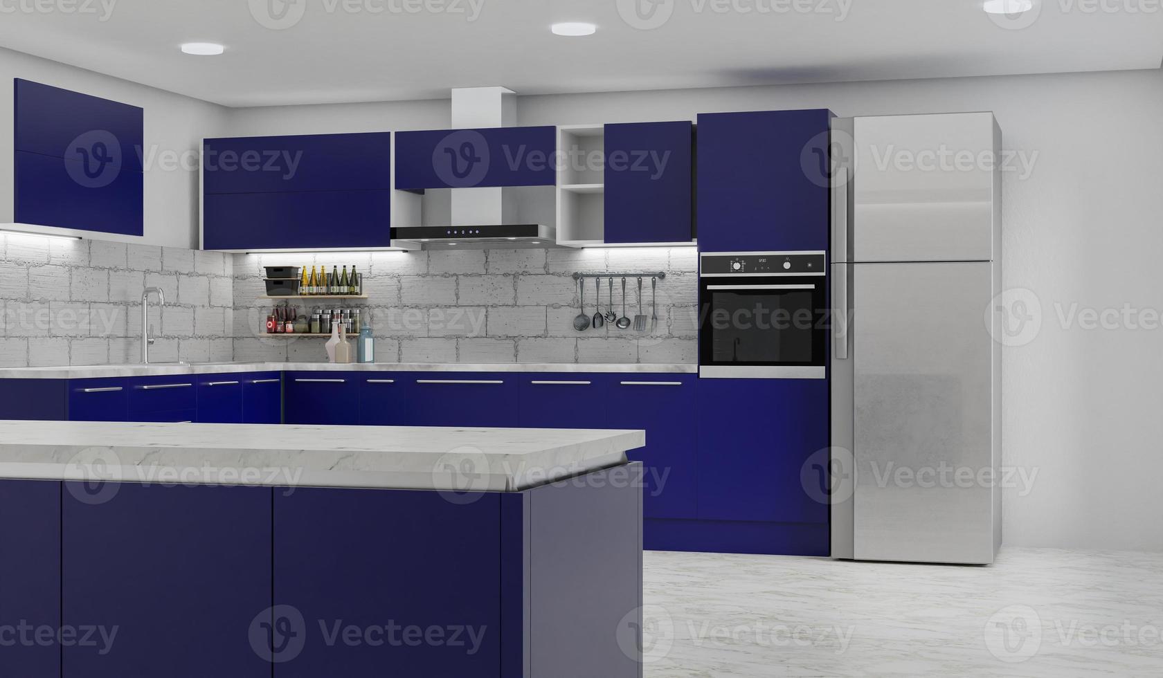 sala de cocina con mesa de comedor - pared. representación 3d foto