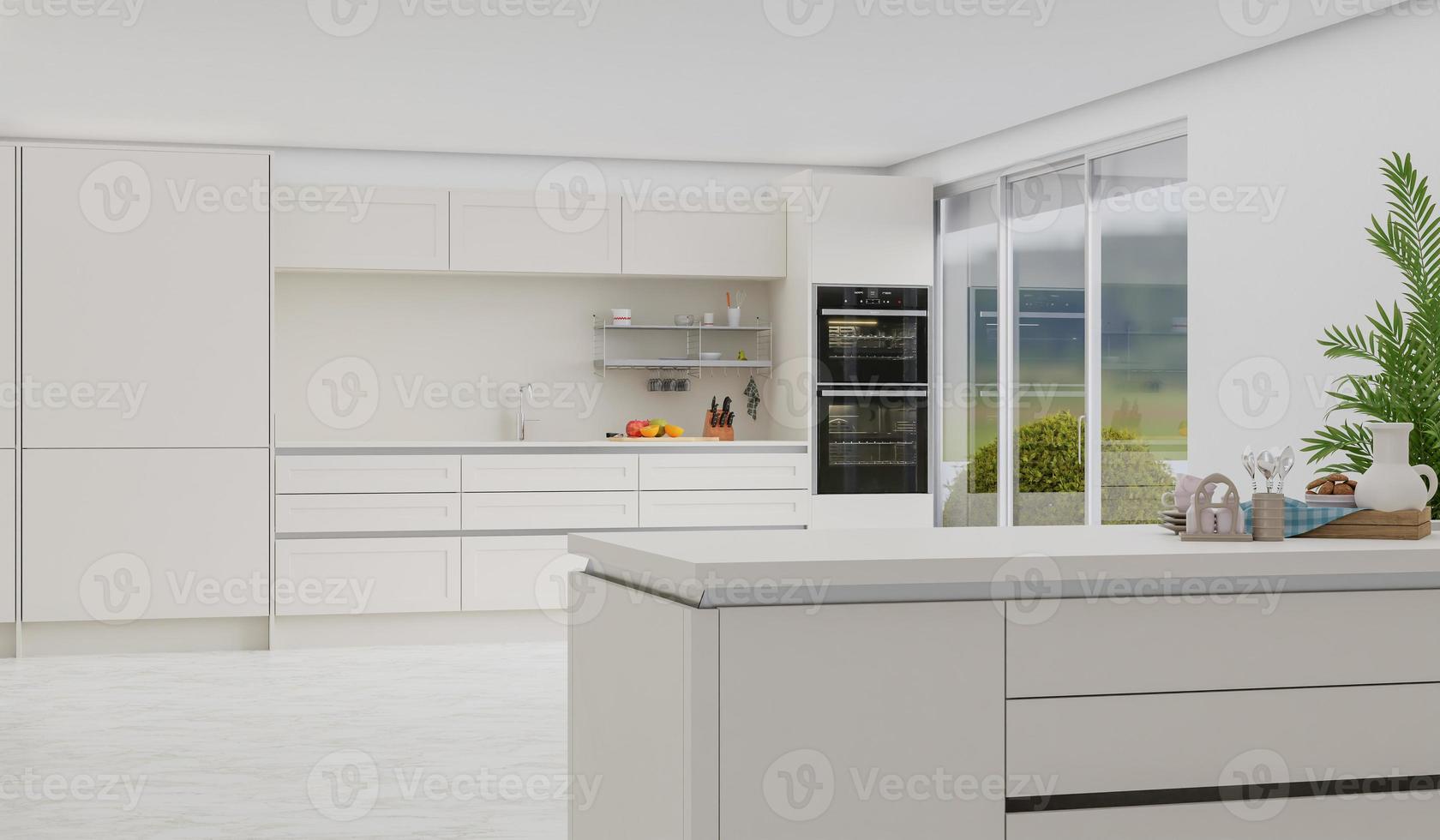 cooking room with a dinning table - wall. 3D rendering. photo