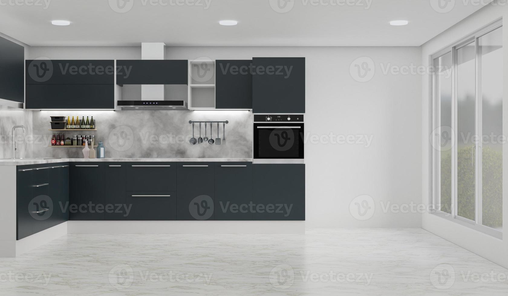 sala de cocina con mesa de comedor - pared. representación 3d foto