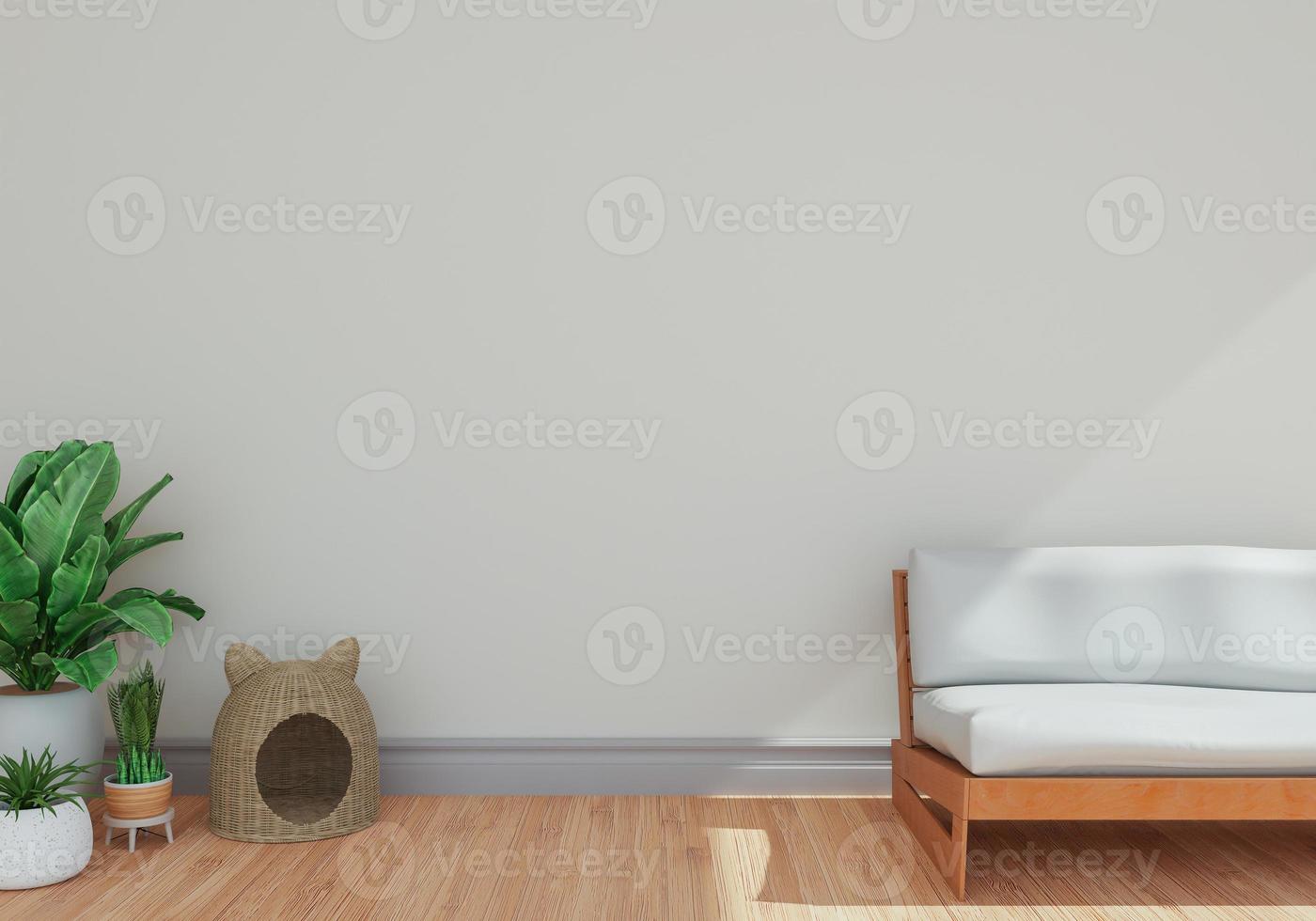 póster de estilo interior minimalista que se burla de la pared de la sala de estar en blanco con un sofá moderno y decoraciones en la sala de estar. copie el espacio representación 3d foto