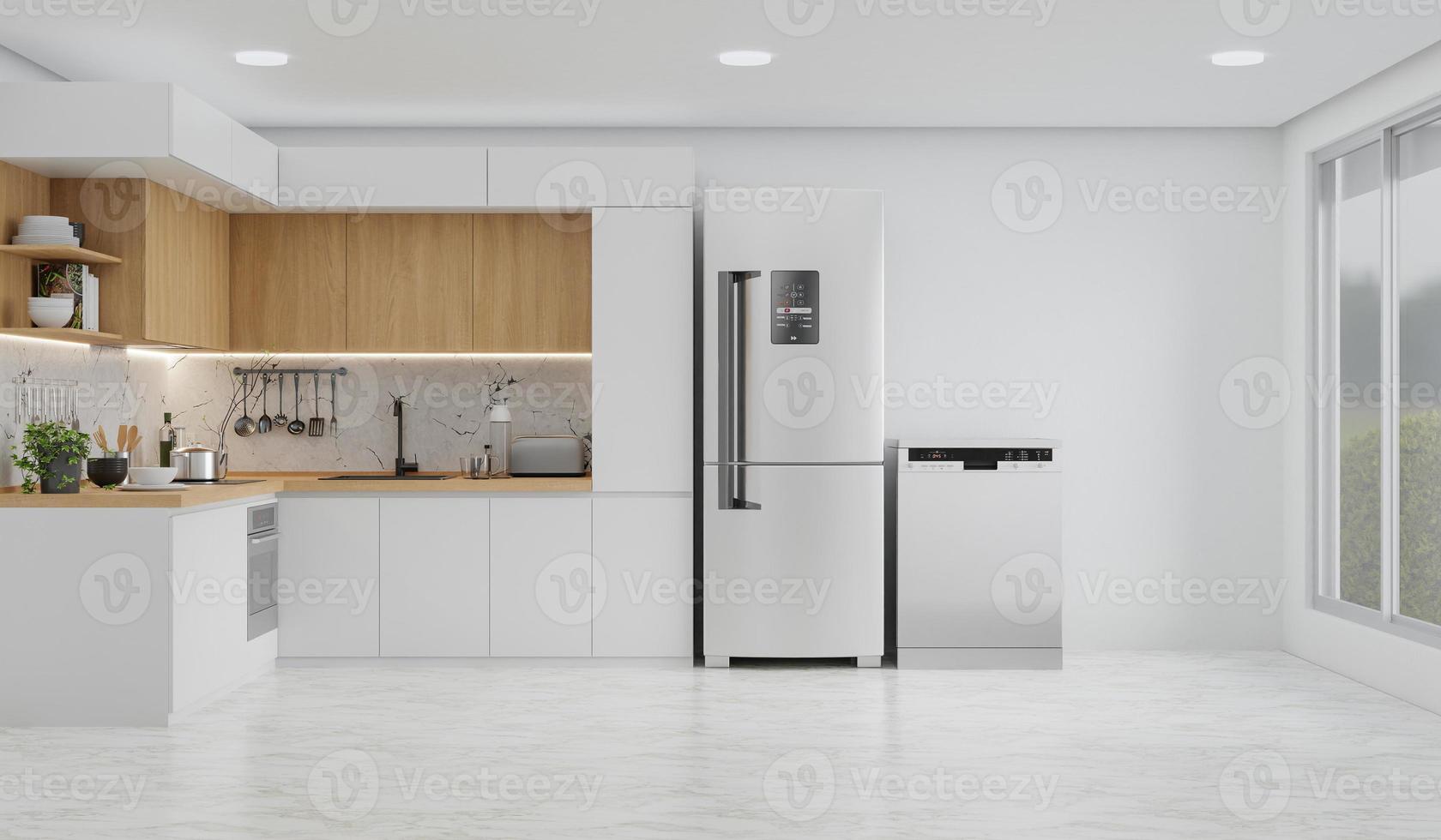 Kitchen room with a dinning table - wall. 3D rendering. photo