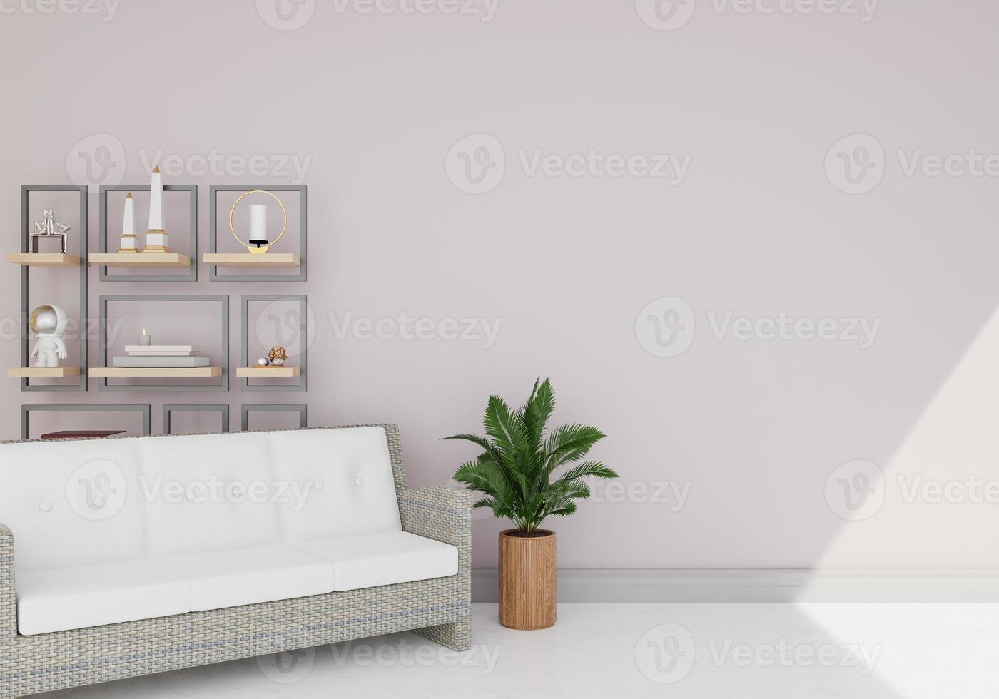 minimal interior style poster Mock up the living room wall in white with modern sofa and decorations in the living room.  copy space. 3D rendering. photo