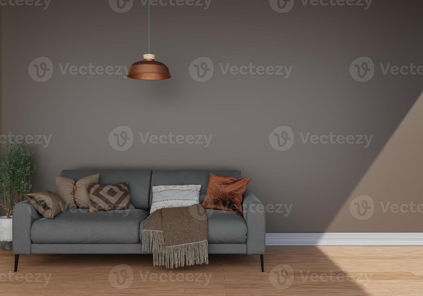 minimal interior style poster Mock up the living room wall in white with modern sofa and decorations in the living room.  copy space. 3D rendering. photo
