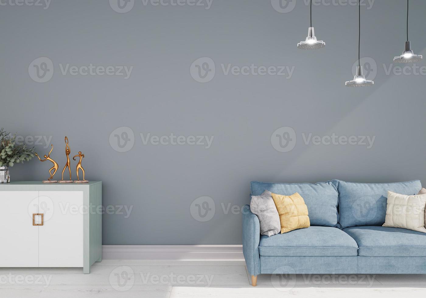 minimal interior style poster Mock up the living room wall in white with modern sofa and decorations in the living room.  copy space. 3D rendering. photo