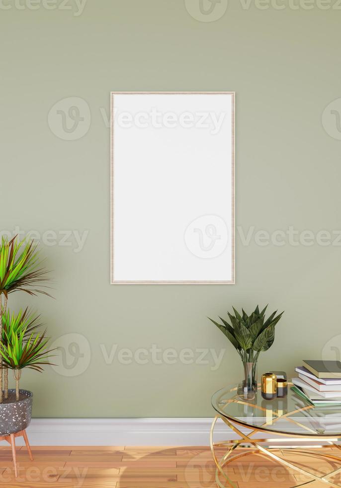 minimal interior style poster Mock up the living room wall in white with modern sofa and decorations in the living room.  copy space. 3D rendering. photo