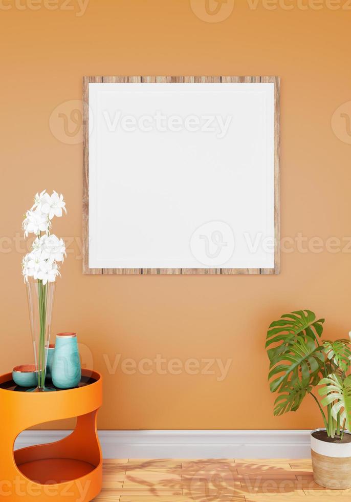 minimal interior style poster Mock up the living room wall in white with modern sofa and decorations in the living room.  copy space. 3D rendering. photo