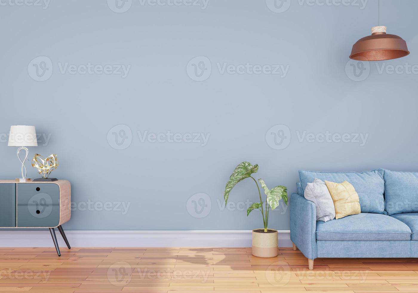 póster de estilo interior minimalista que se burla de la pared de la sala de estar en blanco con un sofá moderno y decoraciones en la sala de estar. copie el espacio representación 3d foto