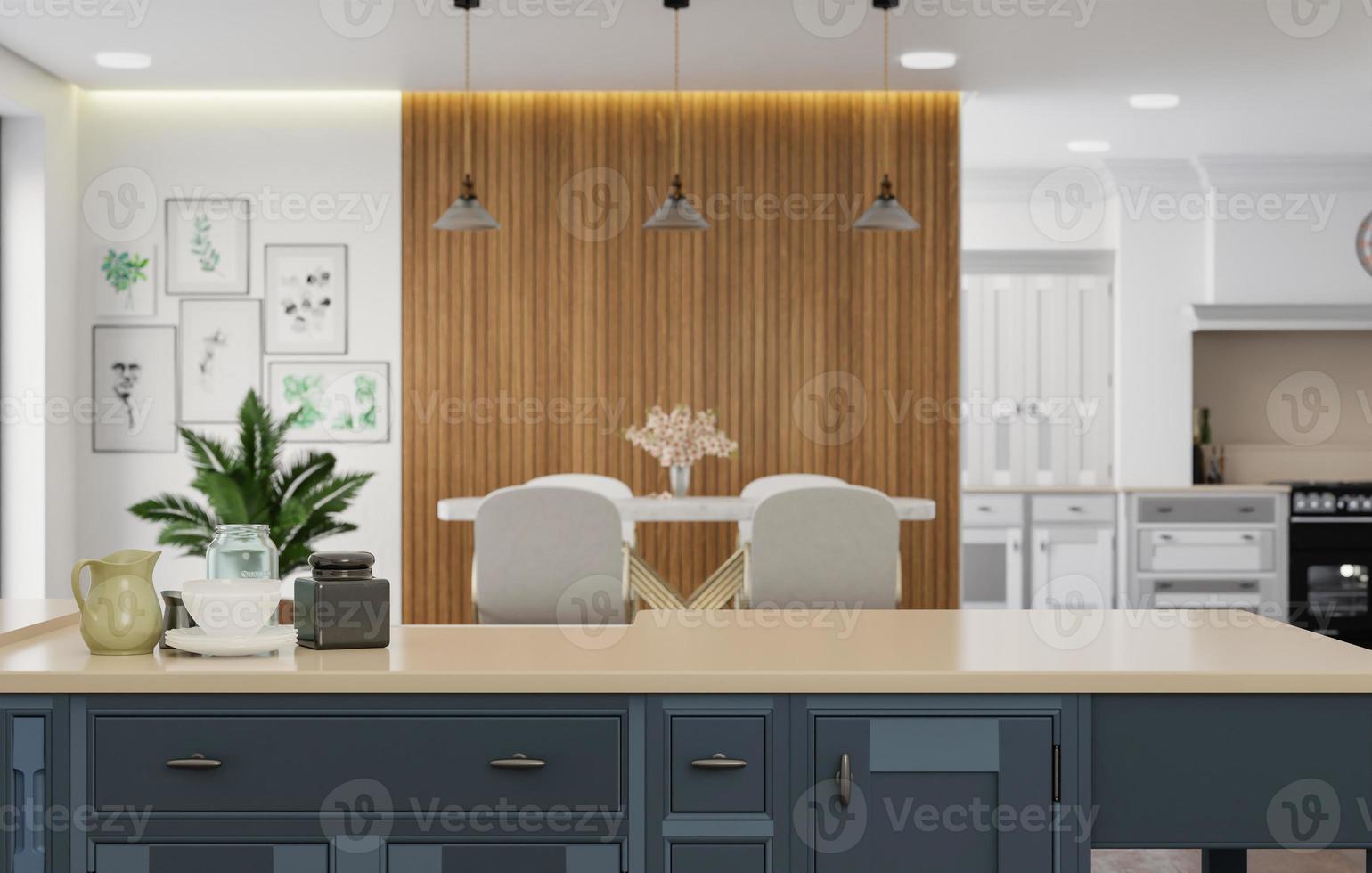 cooking room with a dinning table - wall. 3D rendering. photo