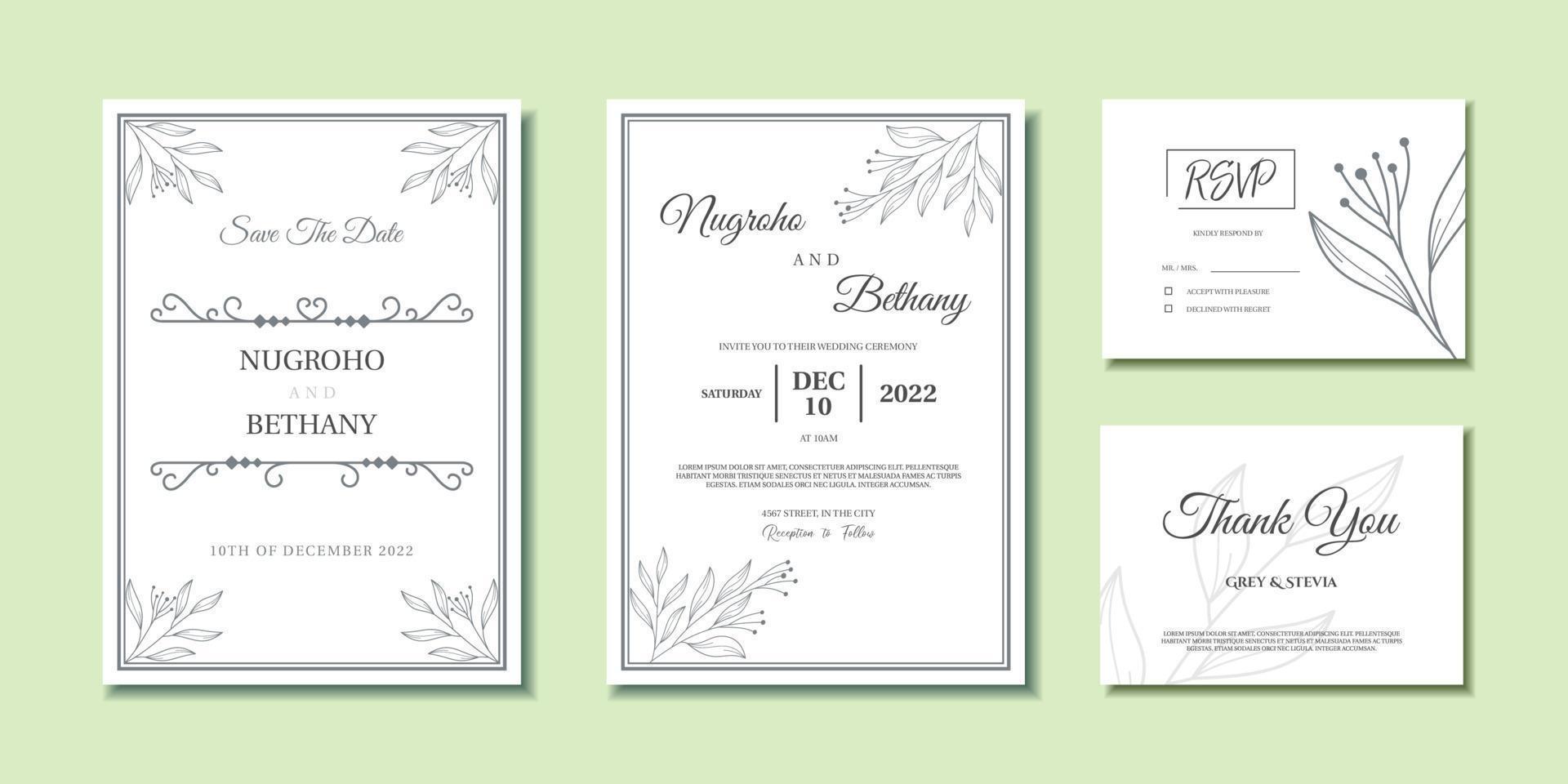 plantilla de invitación de boda mínima con adorno de hojas abstractas vector